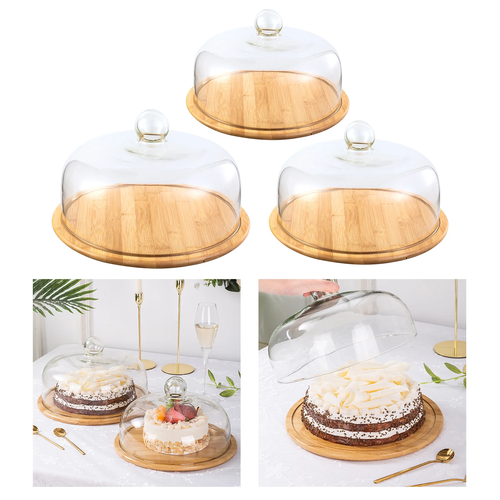 Vintage Glass Cover Serving Tray Cloche Platter Wooden Storage Cake Stand Muffin Appetizer Plate Dust-Proof Dome Party Decor