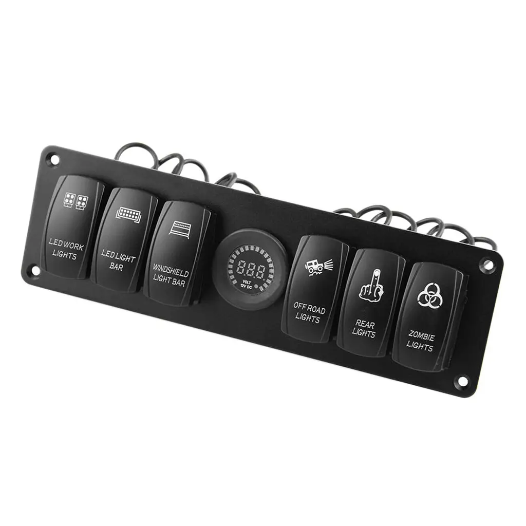 Marine Boat Rocker Switch Panel 6 Gang Waterproof Toggle Switches w/ Digital Voltage Display