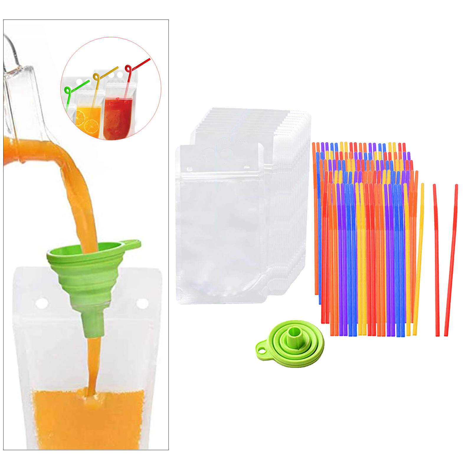 100 x Plastic Drink Pouches No Leak Juice Bags 500ml with Straws & Funnel