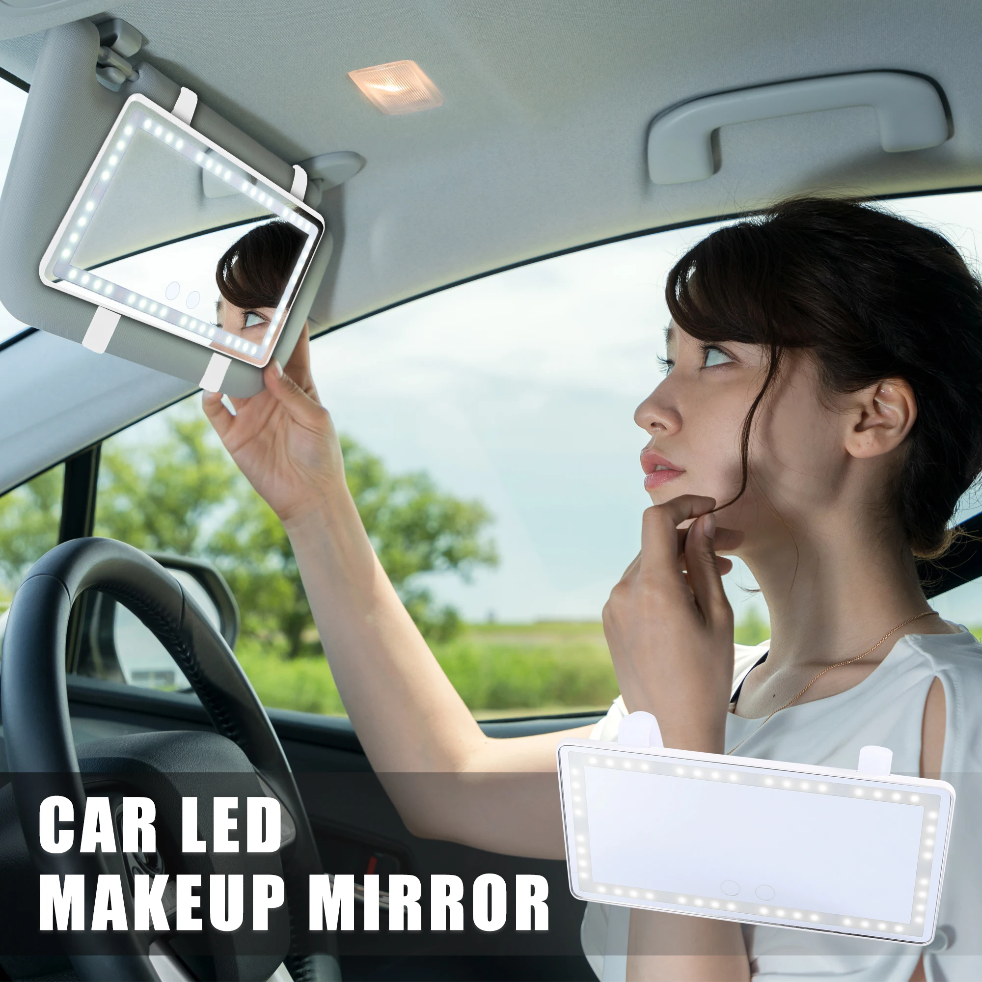 Vista frontal del espejo de maquillaje LED para coche
