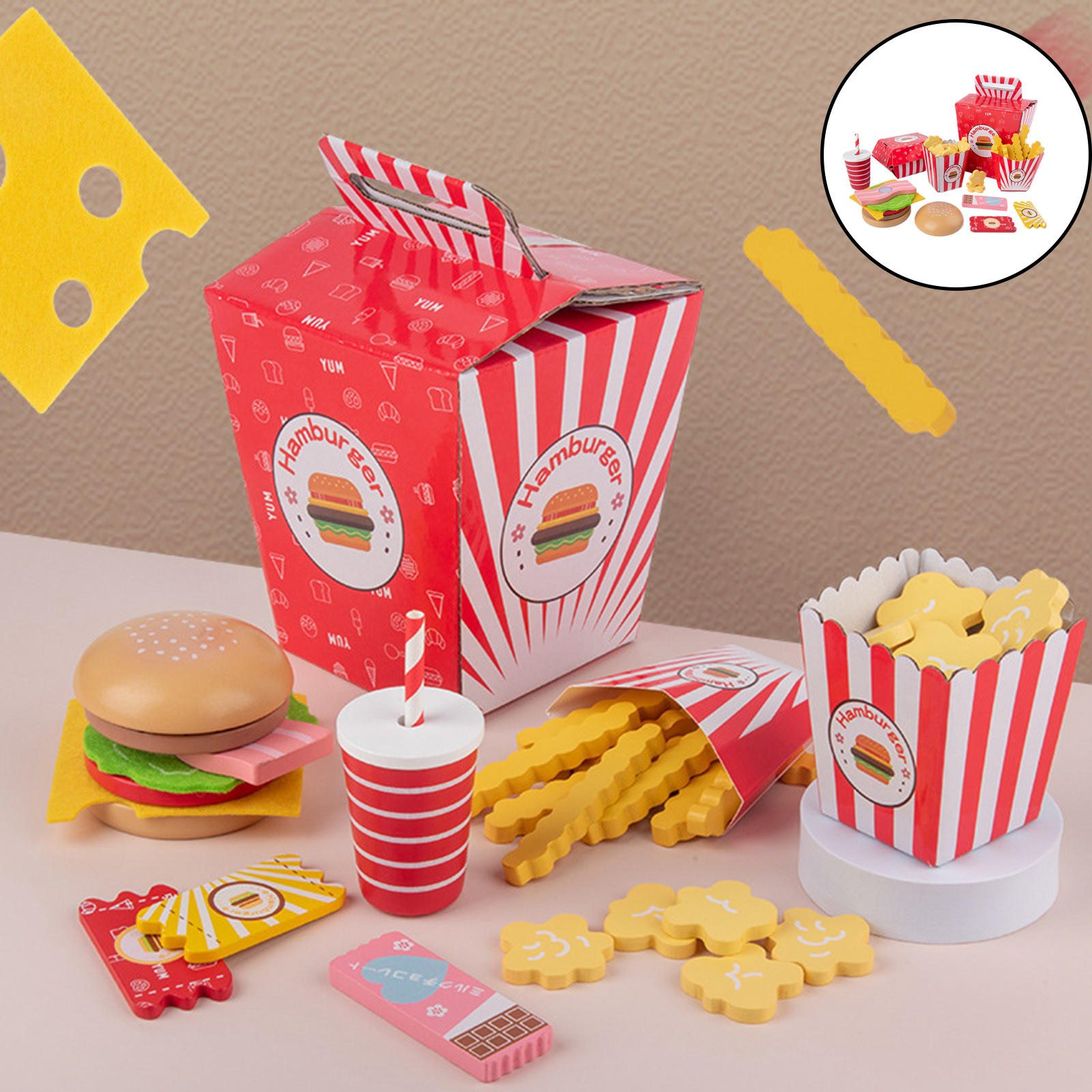 Wooden Pretend Play Play Food Toy Set Fast Food Hamburger Kids Toddlers