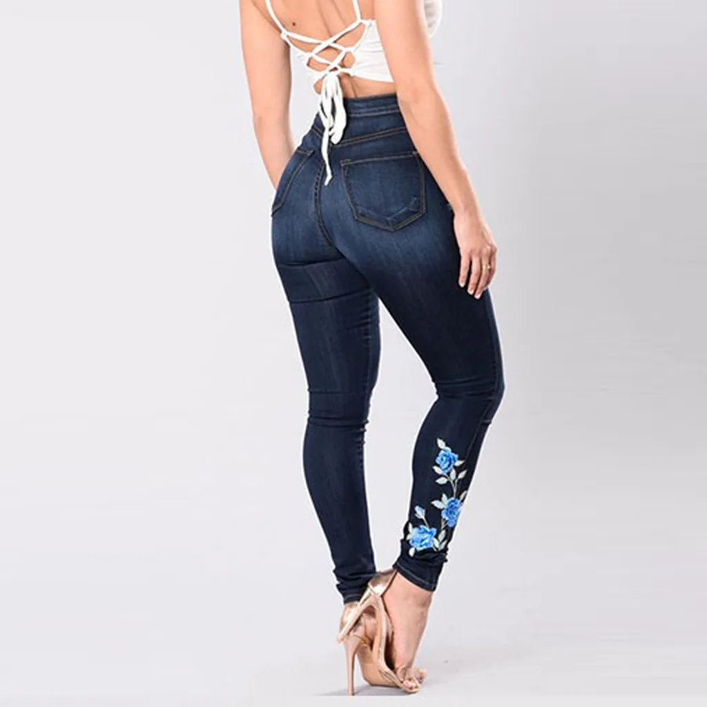 Jeans Women High Waist Ladies Embroidered With High Elasticity Straight Barrel Long Pants Fashion Casual Tight Legs Jeans Pants