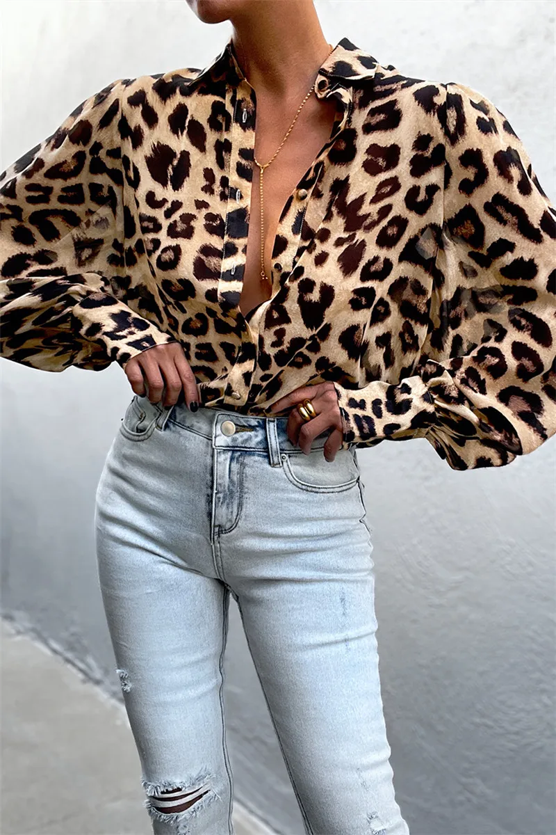Womens Tops Casual Shirt Lantern Sleeve Floral/Leopard Print Lapel Buttons Tops Office Lady Vintage Elegant Blouse
