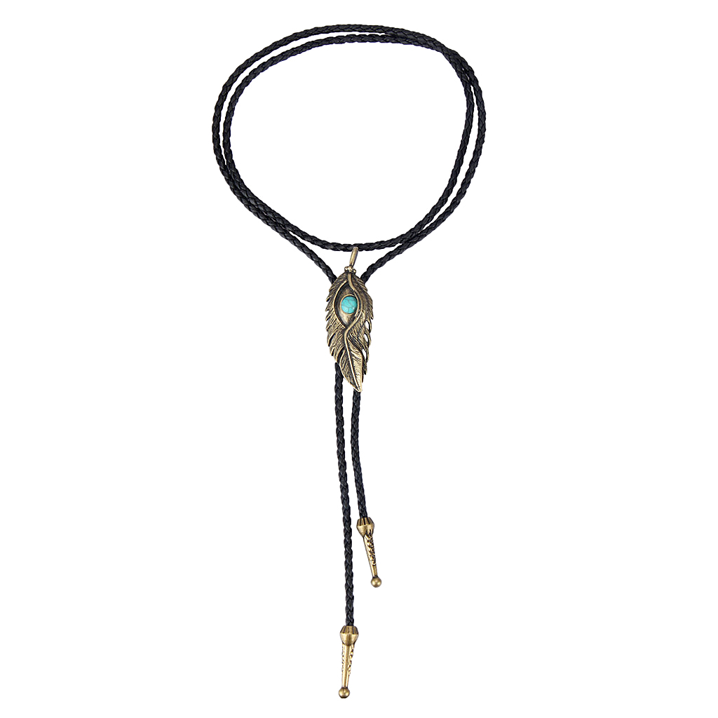 Feather Shape Pendant Bolo Tie Leather Necktie Western Cowboy Cowgirl Rodeo Necklace Gift