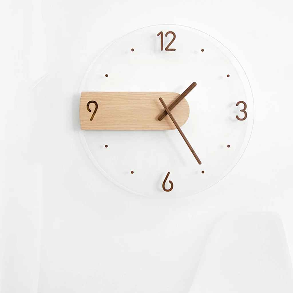 Simple Wall Clock 16 inch Clear Solid Wood Acrylic Glass Silent Non Ticking Battery Operated Round Clock