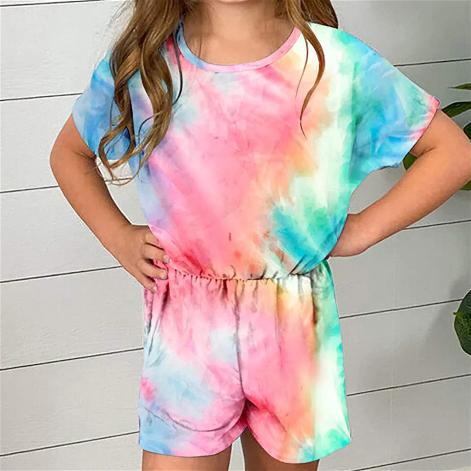 Ecokauer Girls Kids Summer Short Sleeve Rompers One Piece Jumpsuits with Tie Dye Print Fashion Outfits 