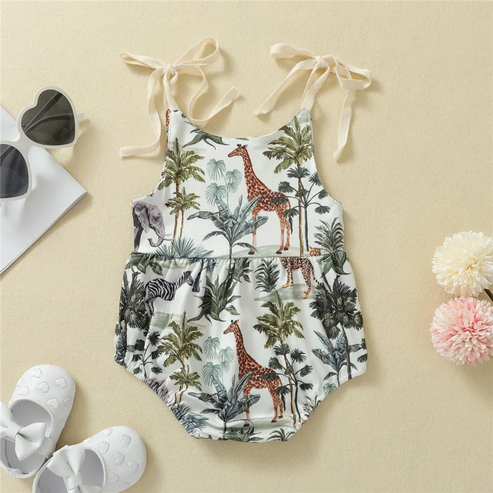 2021 0-24M Infant Baby Boy Girl Romper Animal Trees Print Sleeveless Bandage O Neck Jumpsuit Playsuit Summer Cotton Outfit Baby Bodysuits for girl 