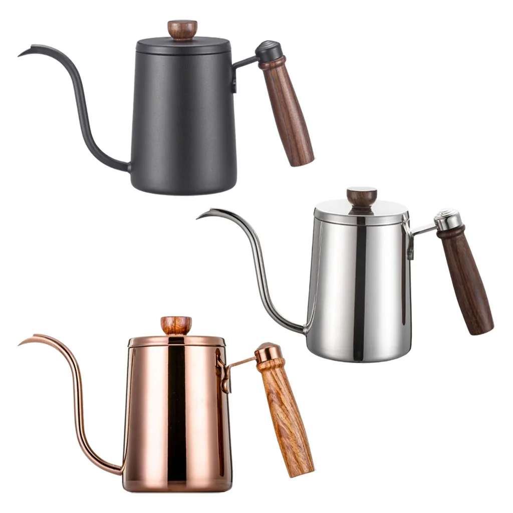 Stainless Steel Coffee Pot Gooseneck Pour Over Pot Wooden Handle Anti-scalding with Lid Flow Spout for Stovetops