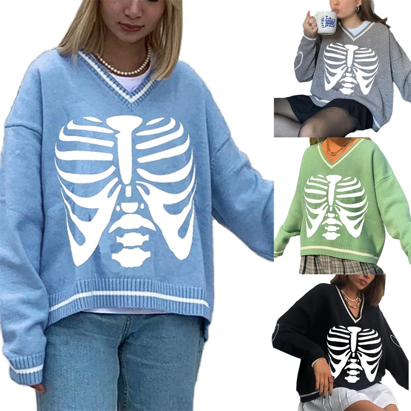 Women Sweater Color Block Skeleton Print Long Sleeve V-neck Pullover Autumn Loose Casual Knit Tops Blue/Green/Black/Grey brown sweater