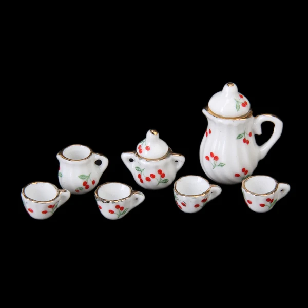 15Pcs 1/12 Scale Dollhouse Miniature Red Cherry Dining Ware Porcelain Tea Set Dish Cup Plate Kids Pretend Play Toys