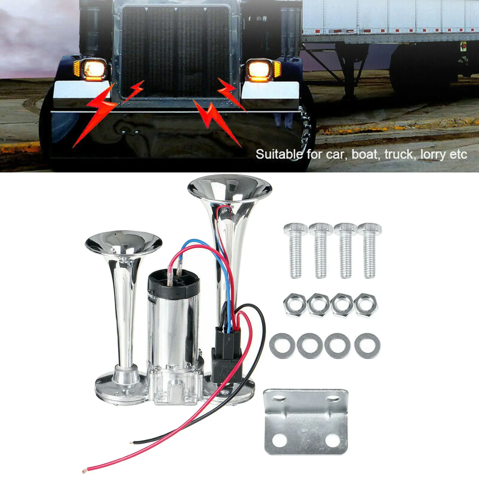 600DB 12V Dual Trumpet Super Loud Car Air Horn Speaker with Compressor Set, Easy to Install