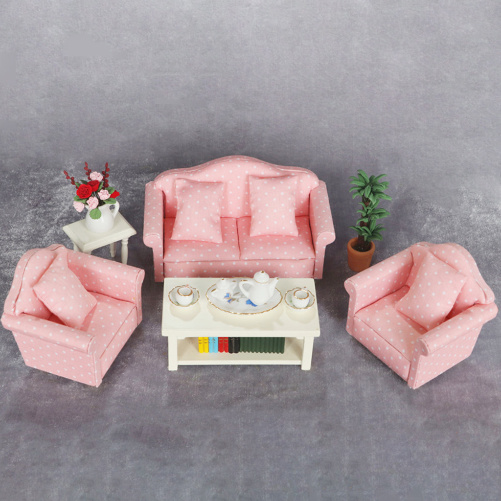 Wooden Mini Pink Sofa & Cushion Furniture for 1:12 Doll House Decorative