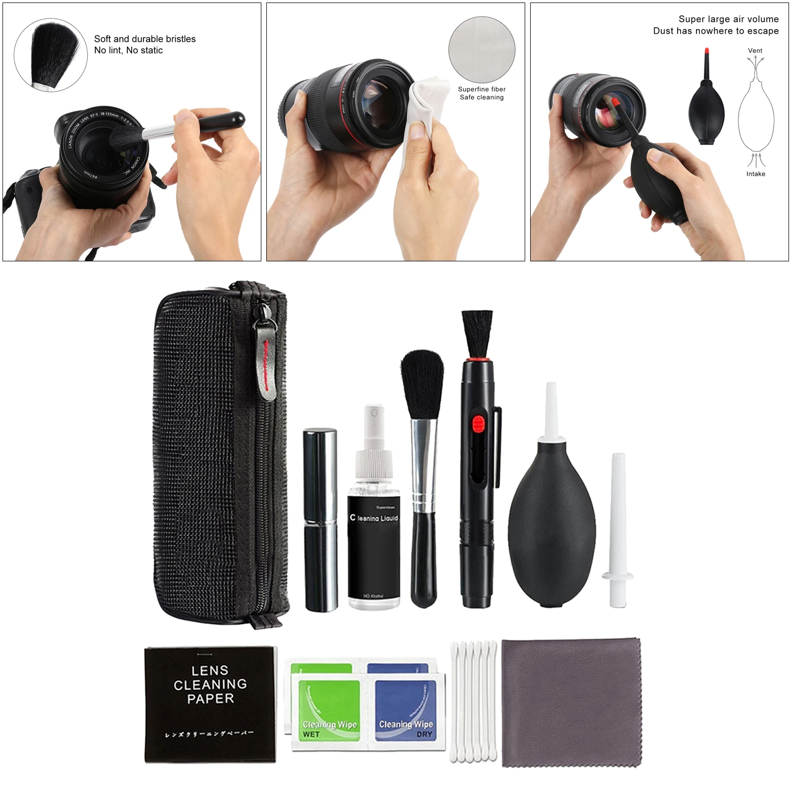 Camera Cleaning Kit with Carry Case, Including Blowing/Lens Cleaning Pen/Cleaning Brush/Cleaning Swabs/Cleaning Cloth