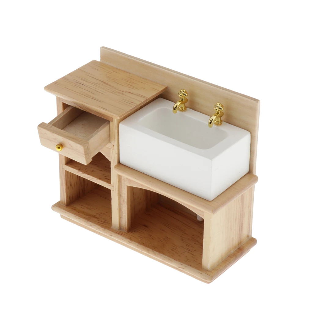 Dollhouse Handmade Wooden Hand Basin Cabinet Bathroom Kitchen Accessory