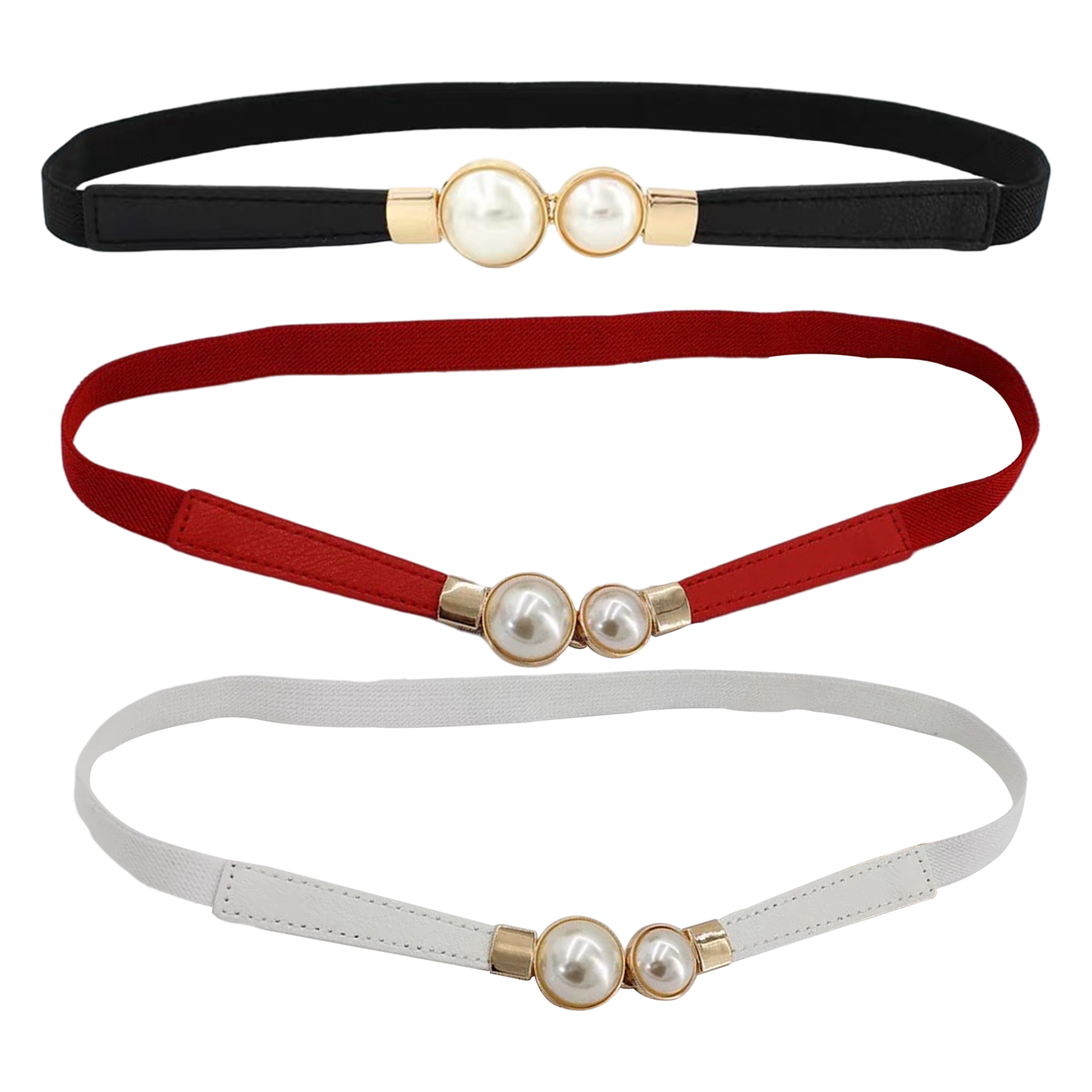 Women Double Pearl Belt PU Leather Dress Skirt Waist Elastic Thin Belts Ladies Waistband