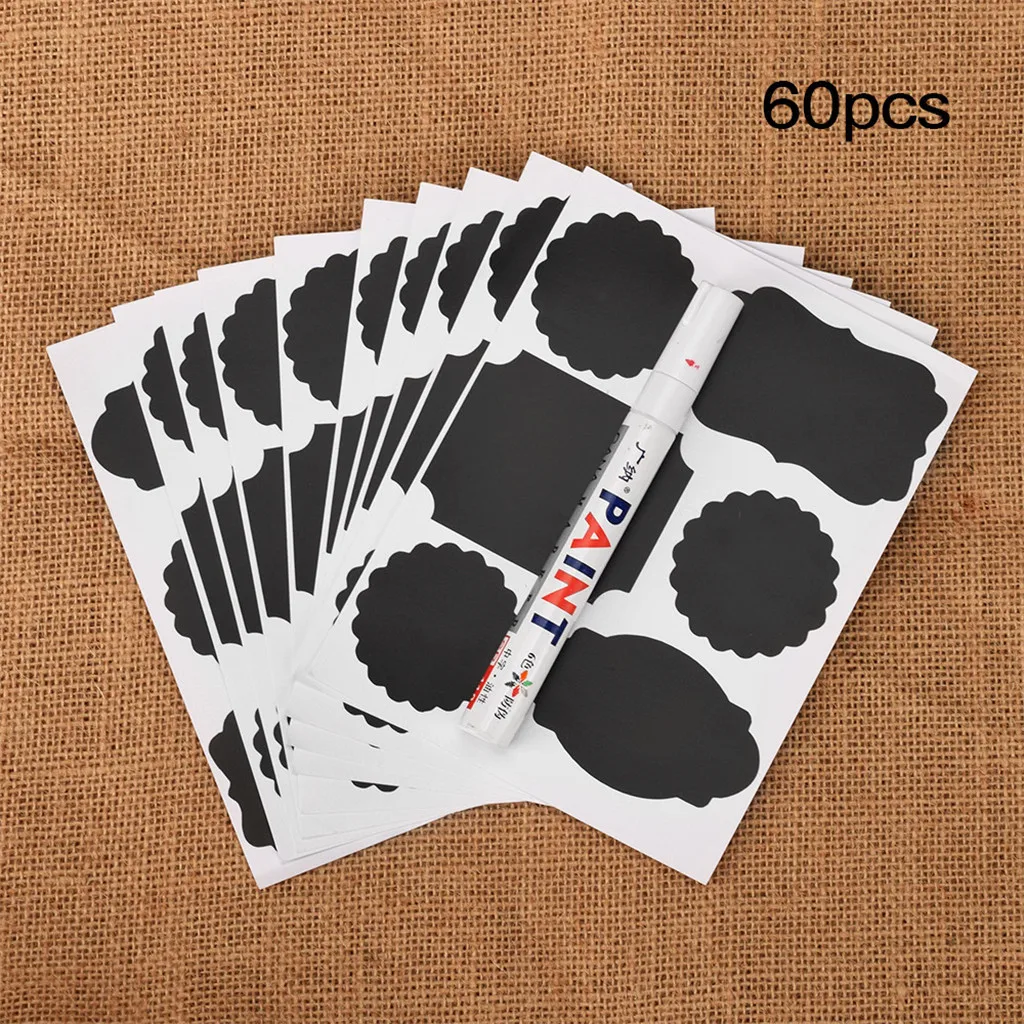 60 Stickers / Pack of Blackboard Stickers with 1 Piece of White Chalk Marker for