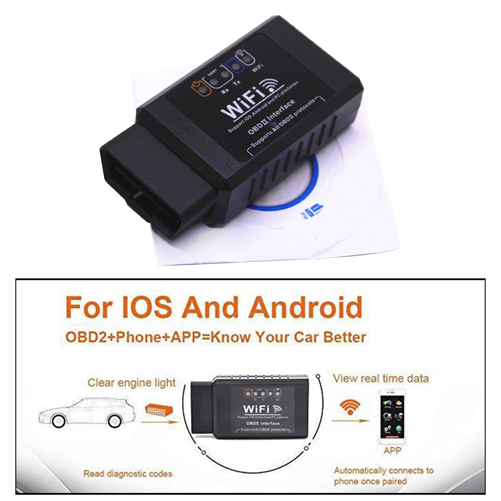 WiFi OBD2 Scanner Wireless Code Reader Car Diagnostic Tool Read Check Engine Light & More for iPhone/Android/Windows