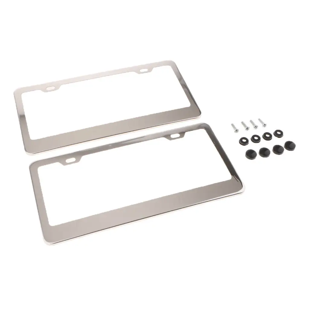 2 Pieces Metal Stainless Steel License Plate Frames Screw Caps Tag Cover