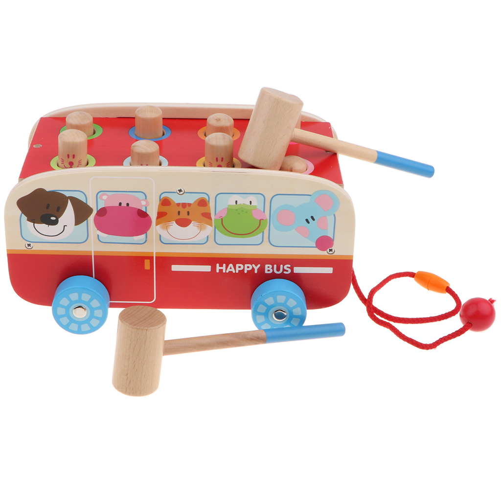 Wooden Bus Vehicles Pulling Car Knockout Ball Game Kids Baby Toy Play Fun