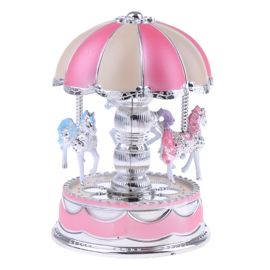 Vintage LED Light Carousel Rotating Music Box Mechanical Toy Kids Gift Pink