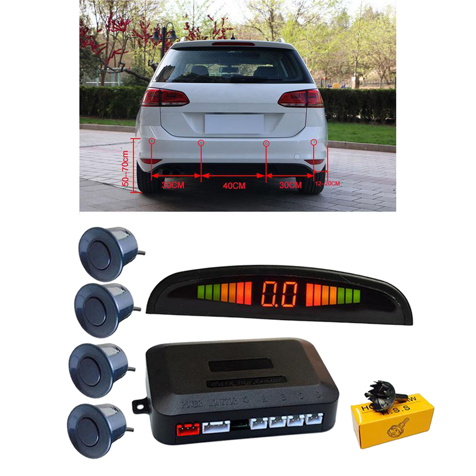 Car Auto Vehicle Reverse Backup  System with 4 Parking Sensors Distance Detection, LED Distance Display, Buzzer Warning