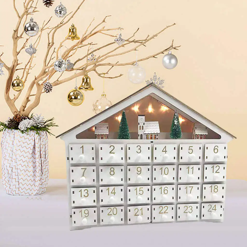 Christmas Wooden Advent Calendar 24 Storage Drawers LED Lights for Ornaments