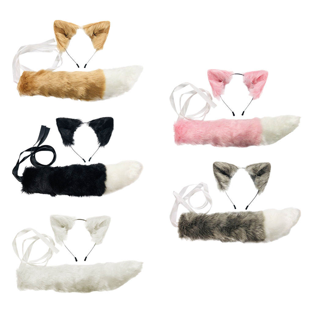 2Pcs Wolf Fox Tail Clip Ears and Choker Set Halloween Christmas Fancy Party Costume Toys Gift for Women