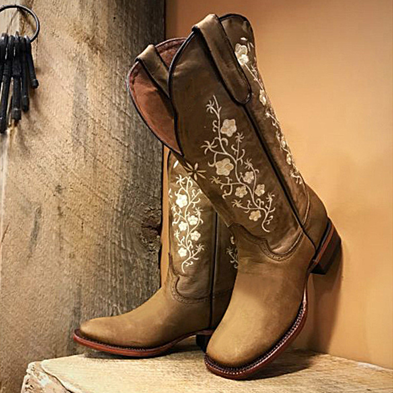 Botas de Cowboy con punta cuadrada para mujer, zapatos de estilo occidental  con bordado de becerro ancho, para otoño, gran oferta, 2022|Botas a media  pantorrilla| - AliExpress