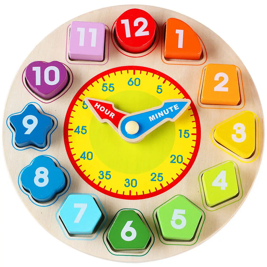 Montessori Wooden Shape Clock Puzzle, Teaching Time Sorting Number Blocks manually Movable Hour and Minute Hands for Kids