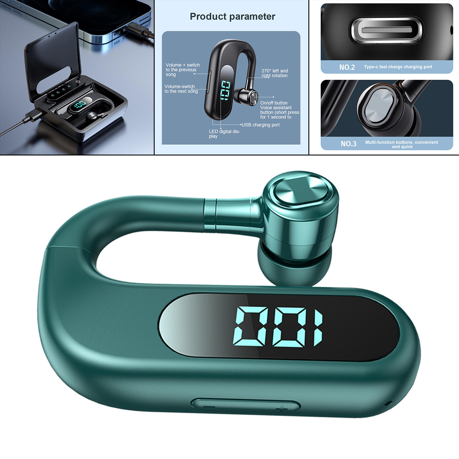 Bluetooth 5.2 Earphone Headphone Unilateral NFC Multipoint Connections Stereo Surround Waterproof Handsfree with Ear Caps Earbud