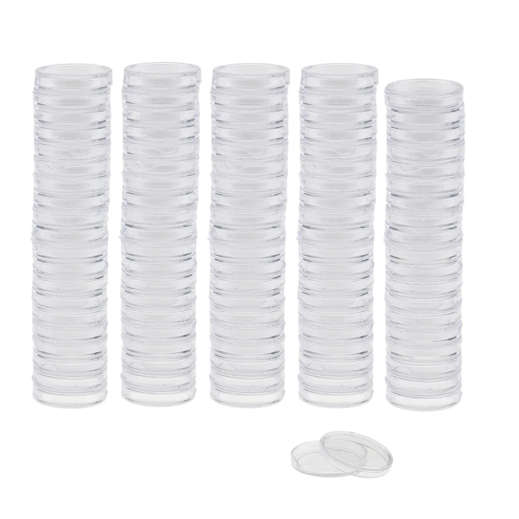 Set of 100 Transparent Round Plastic Capsules Holders Coin Storage Box