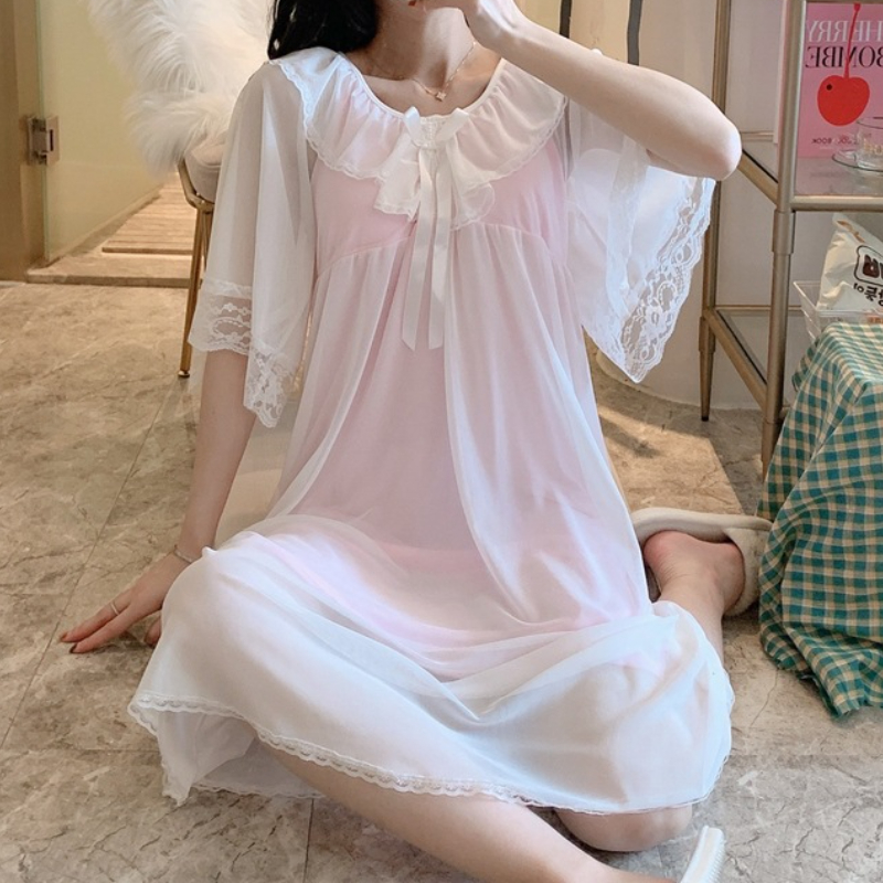 Women Nighty White Pink Vintage 