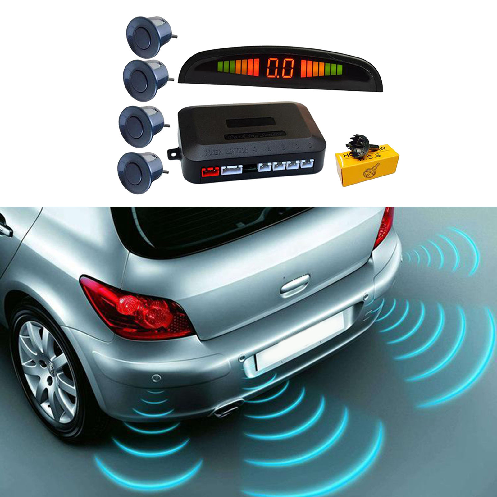 Car Auto Vehicle Reverse Backup  System with 4 Parking Sensors Distance Detection, LED Distance Display, Buzzer Warning