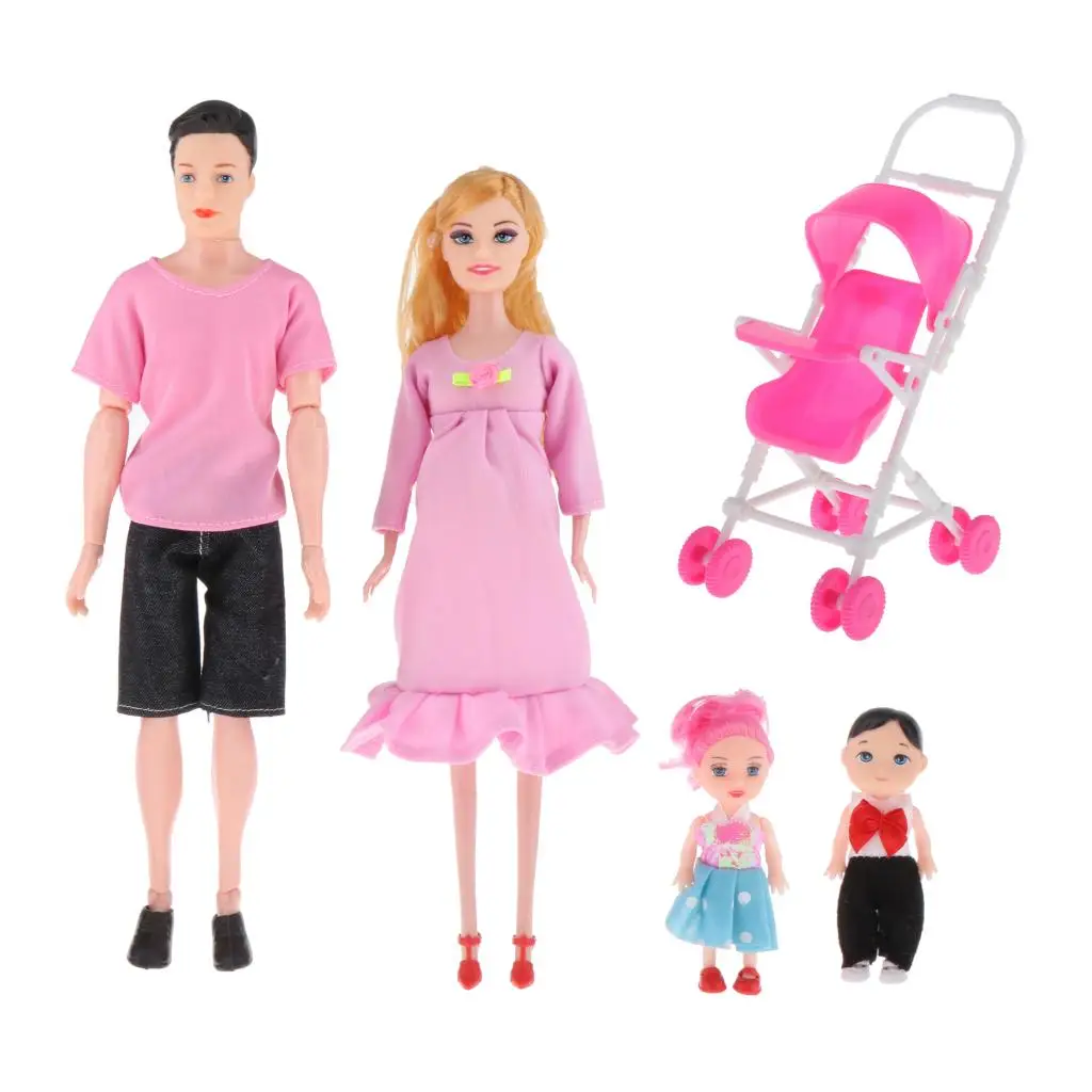 Family Doll Set Dad Pregnant Mom Daughter Son Baby Baby Doll Stroller Accessories for Girls Toys Pink