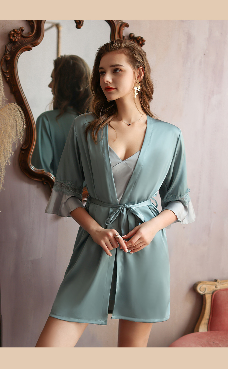 Waliicorners Bathrobe Gown Lounge Wear Lingerie Bridal Patchwork Sleepwear Satin Robe Set 14 H47f715542be04cbcb8c2761e6084f7abf