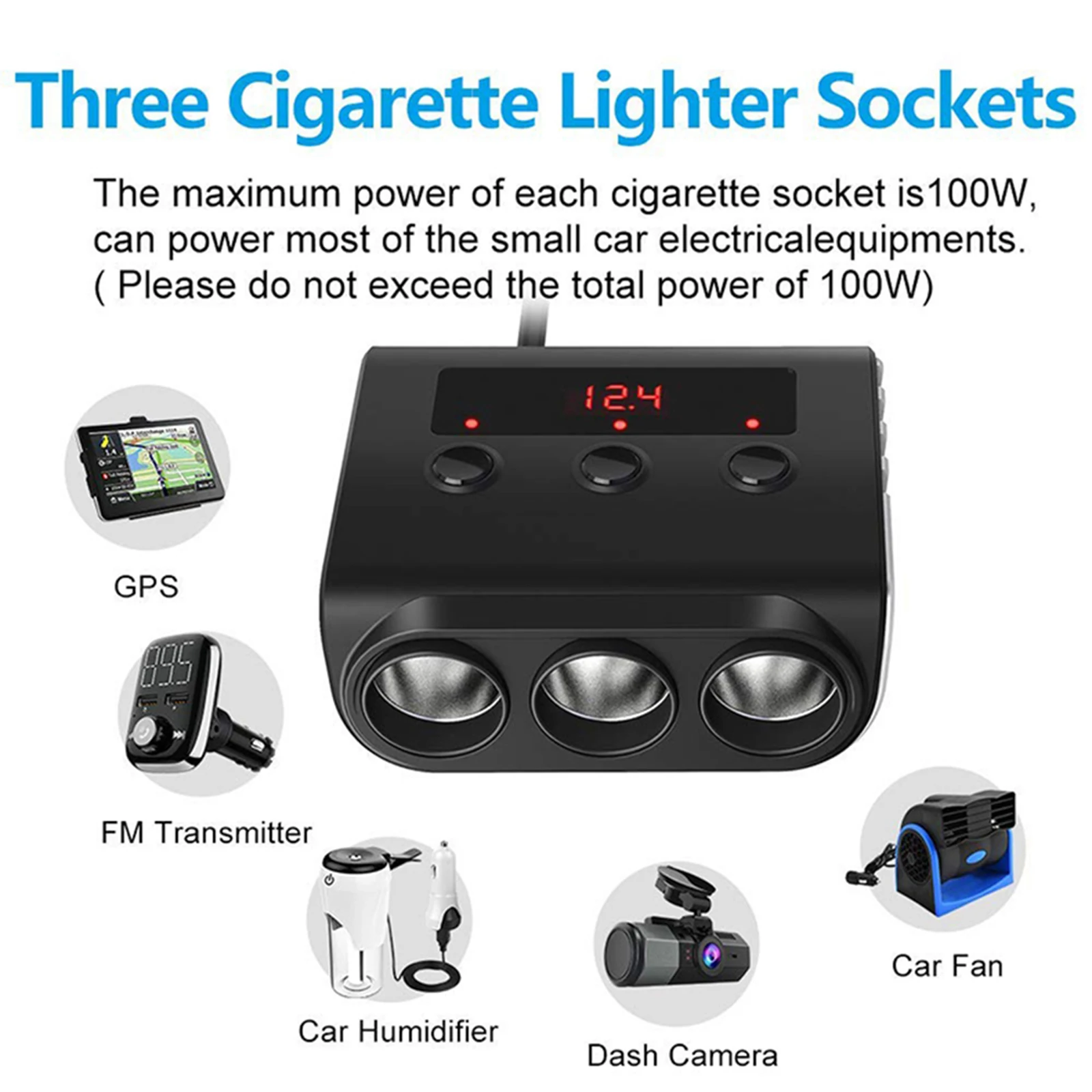 Car Automobile Cigarette Lighter Adapter 12V/24V DC Power Adaptor with Replace Fuse Voltage Display for GPS Dashcam