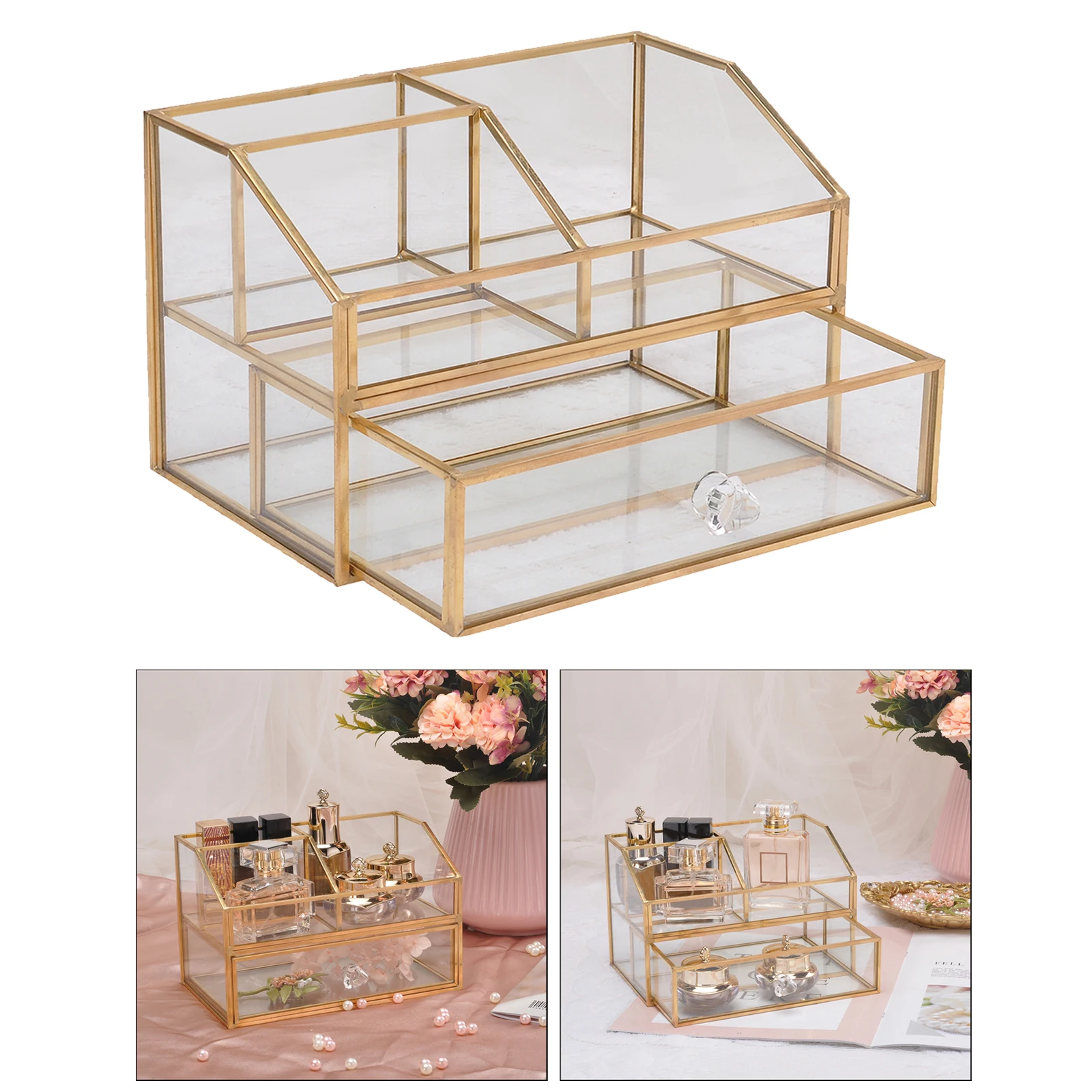 Cosmetics Display Box Jewelry Case Holder Clear Glass Tiered Organizer Makeup Tools Storage Container Holder Decorative Box
