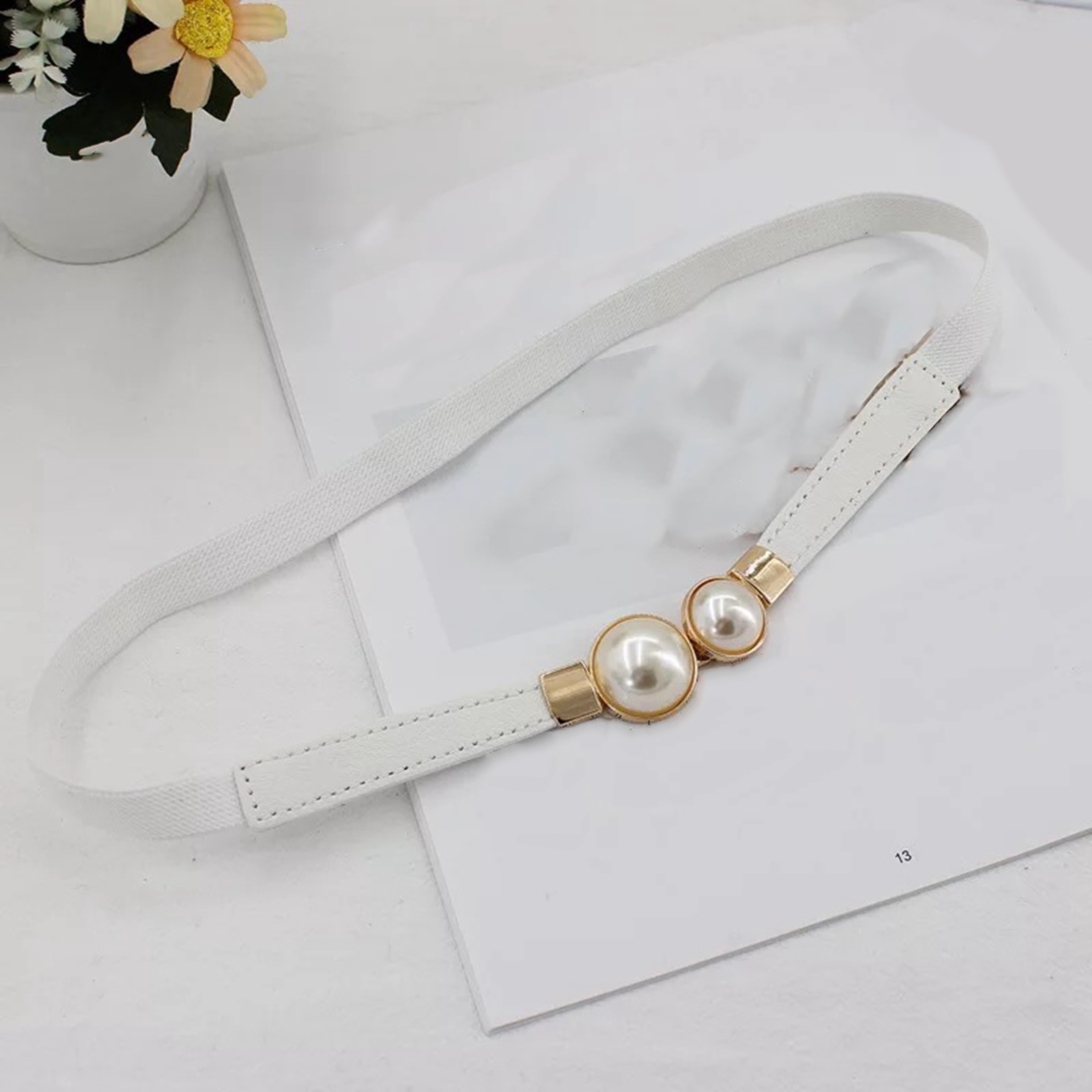 Women Double Pearl Belt PU Leather Dress Skirt Waist Elastic Thin Belts Ladies Waistband