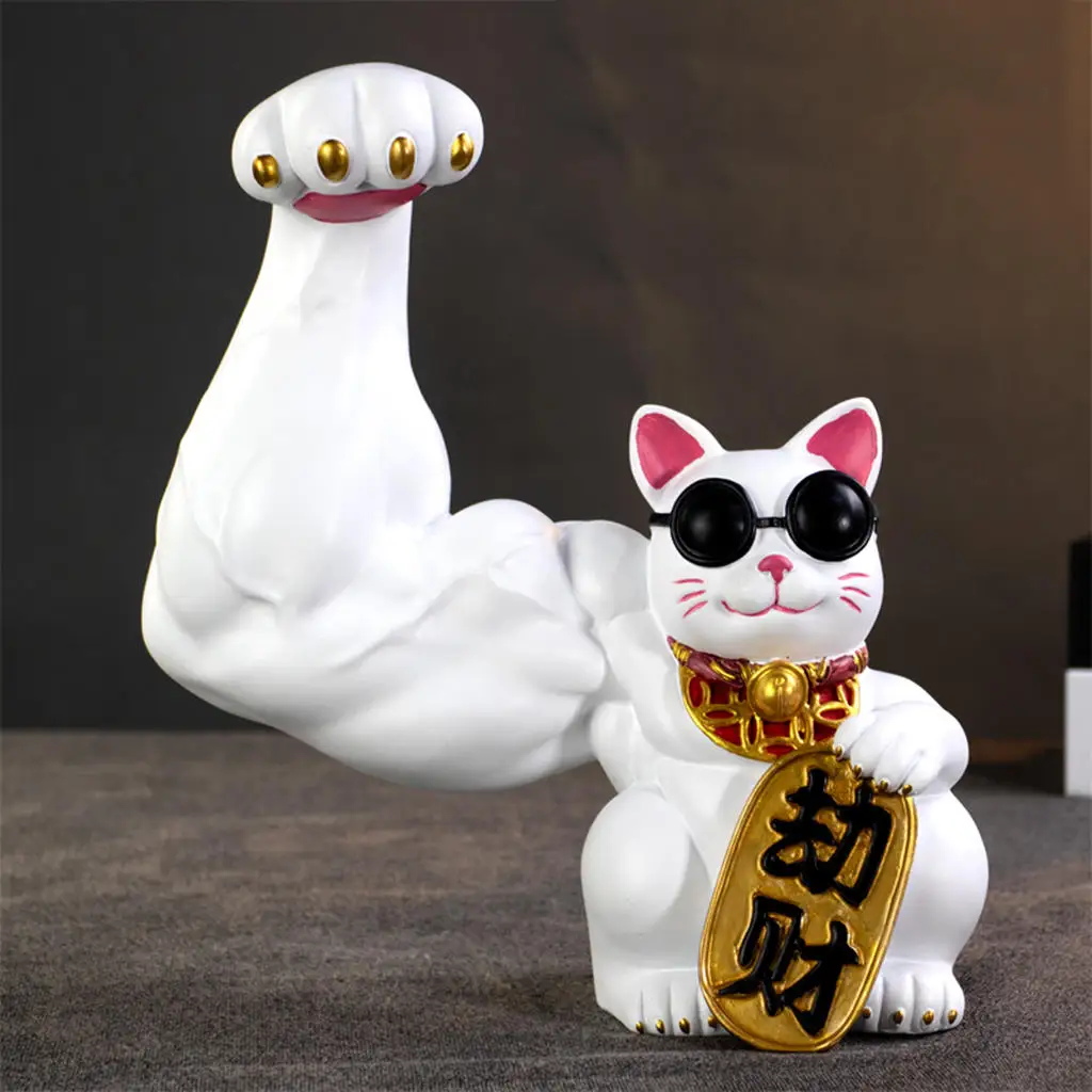 Resin Muscle Arm Lucky Cat Statue Figurines Feng Shui Animal Crafts Office Room Shop Home Door Interior Decoration Accessories