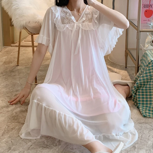 Lace O-neck Ruffle Nightgown Soft Cotton Sleepwear Cute Princess