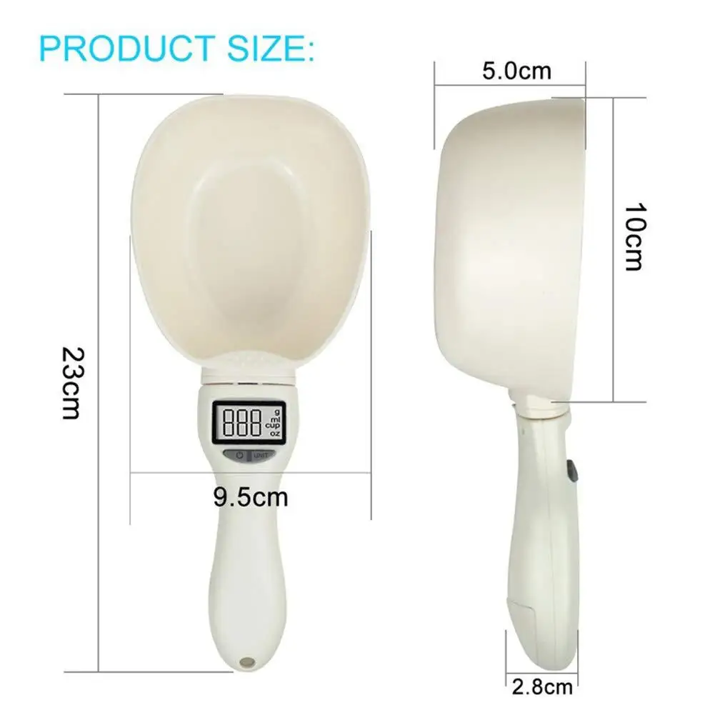 Una tabla comparativa de tamaños de productos para un dispositivo portátil, que parece ser una báscula de cocina digital. La báscula tiene una plataforma de pesaje redonda y una pantalla digital en el mango. La tabla indica las dimensiones de la báscula: el diámetro de la plataforma de pesaje es 5