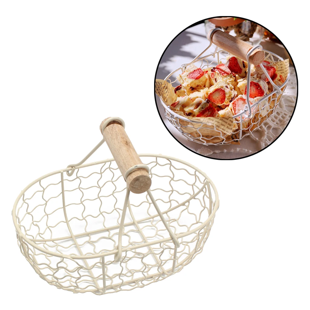 Wooden Handle Metal Retro Basket Portable Vegetable Fruit Egg Storage Basket