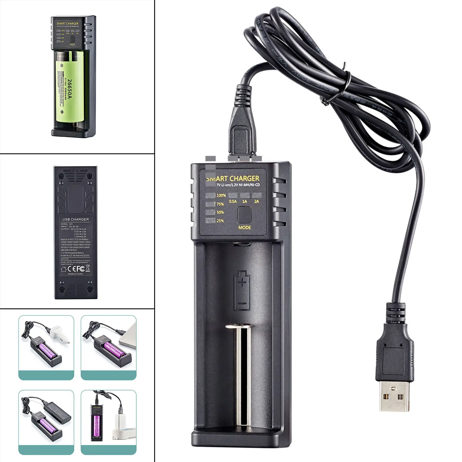 Universal 18650 Battery Charger 3.6V/3.7V LI-Ion Battery with USB Port 16340/17500/17670 One Slot 10400/14500/14650 Lithium