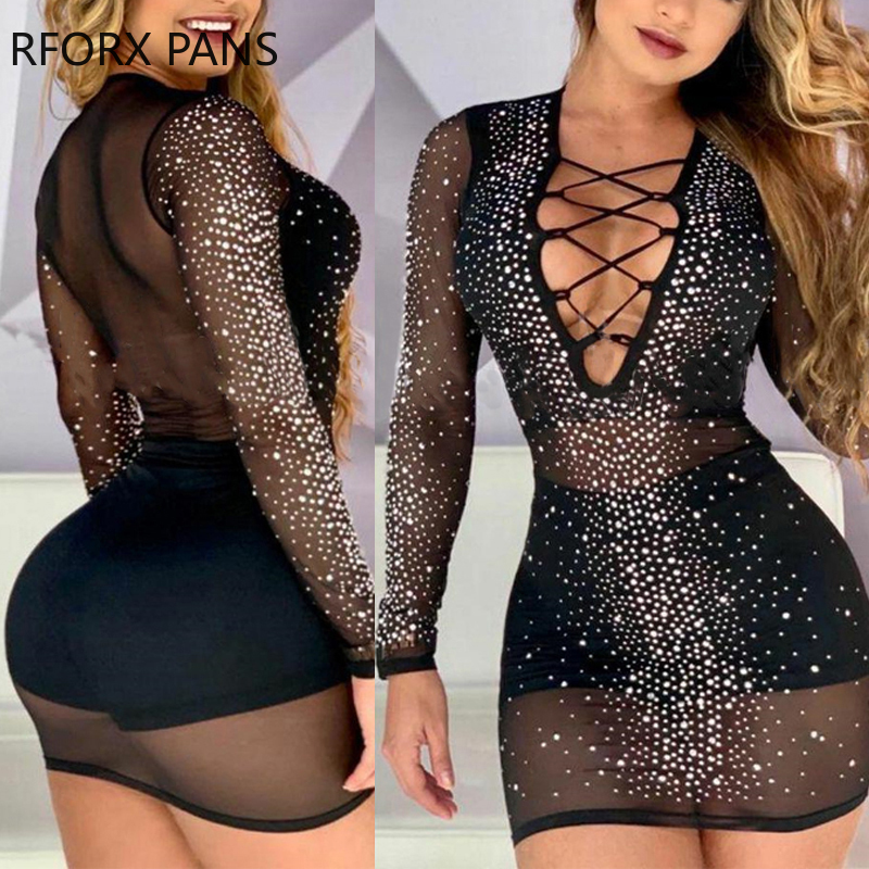 feminino sólido malha strass oco mangas compridas profundo decote em mini preto sexy conjuntos