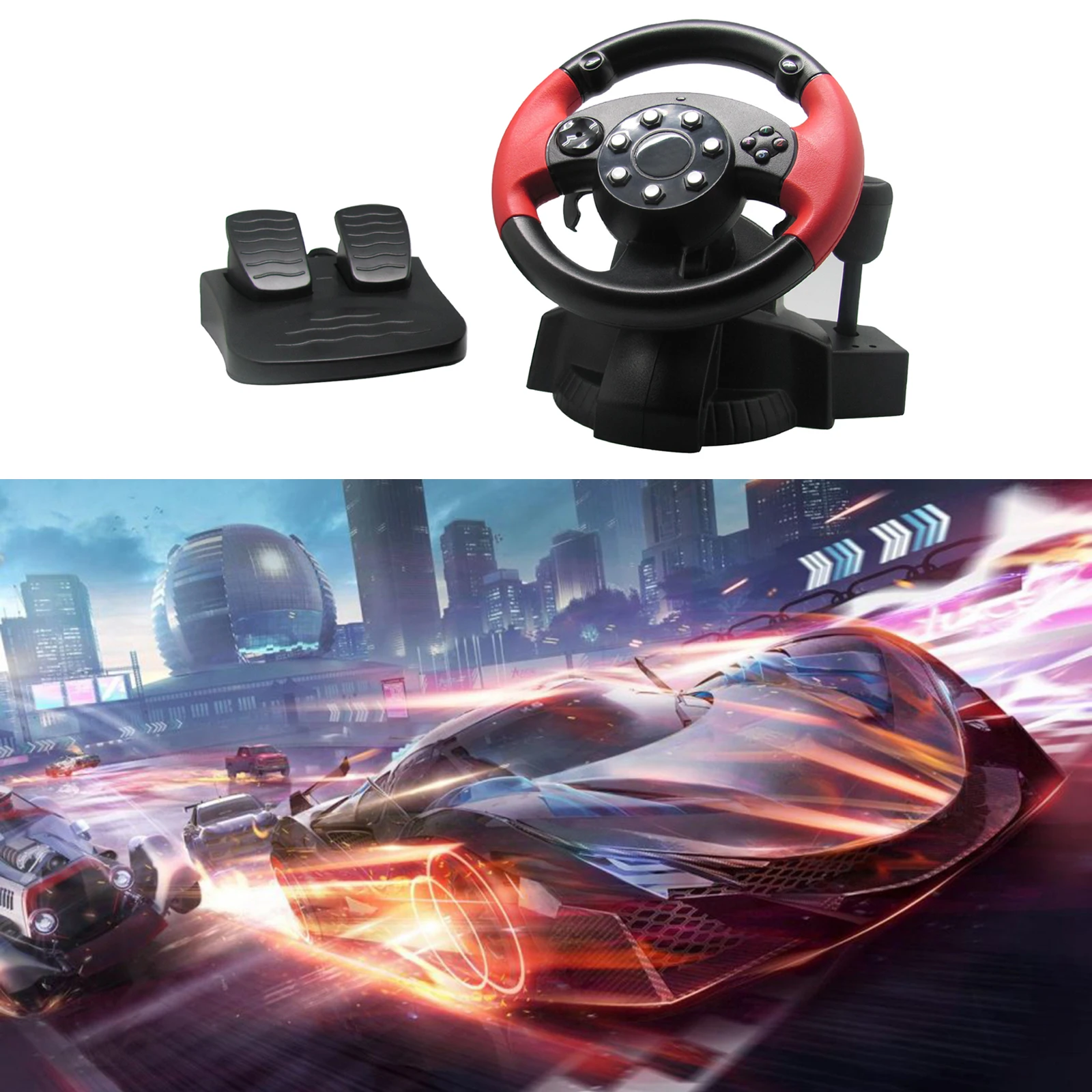 Gaming Car Racing Simulator Vibration Driving PC Steering Wheel & Pedals Set