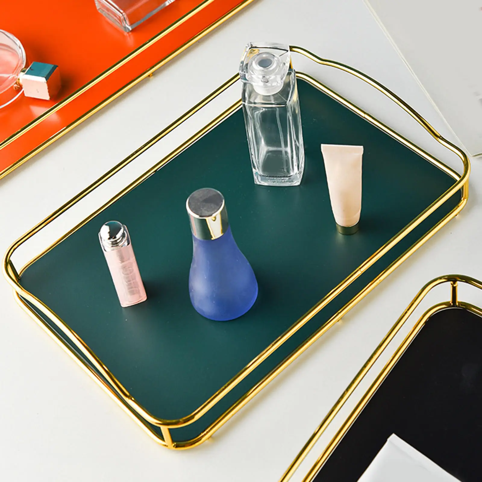 Gold Vanity Tray Jewelry Perfume Makeup Organizer Metal Handles Ornate