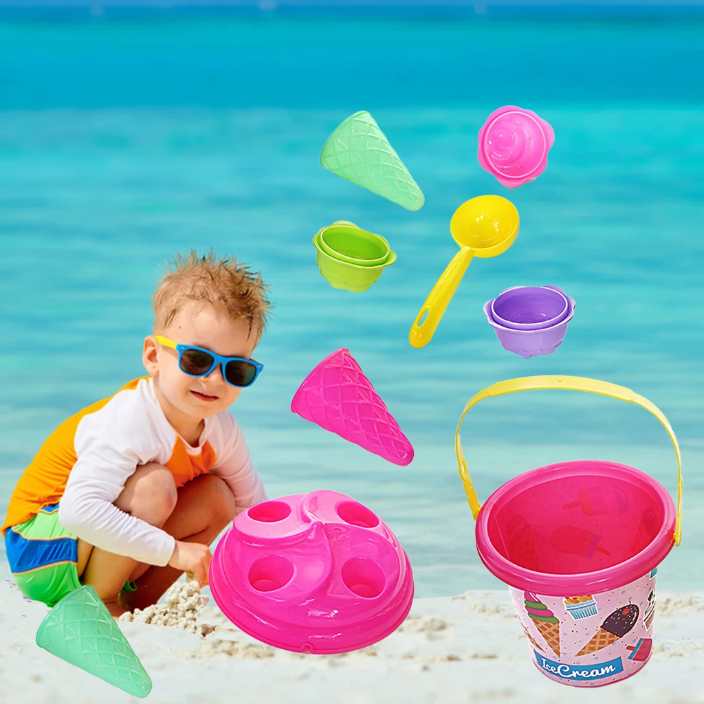 8pcs/set Kids Plastic Beach Bucket Ice Cream Moulds Play Toy Set Summer Activity Toys for Kids 3-6 Years Old