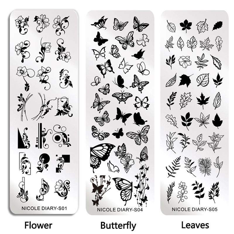 2pcs nail stamping plates with silicone sponge brush polish set flowers leaf butterfly transfer stencils diy template for nails nail art templates aliexpress