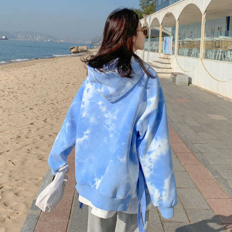 Tie Dye Patchwork Hoodies feminino, streetwear solto,