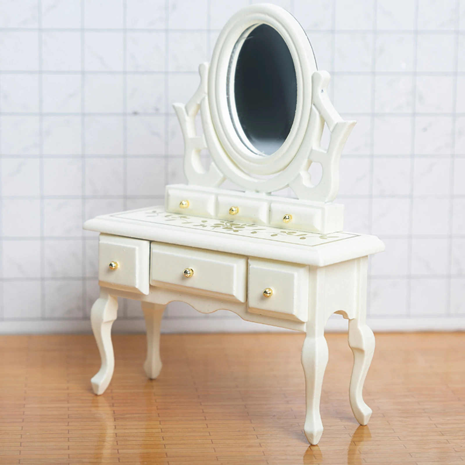 Plywood Dresser Table Chic Antique Mirror Makeup Vanity Table 12th Doll House Creative Modern Furniture Model Accessory Toys